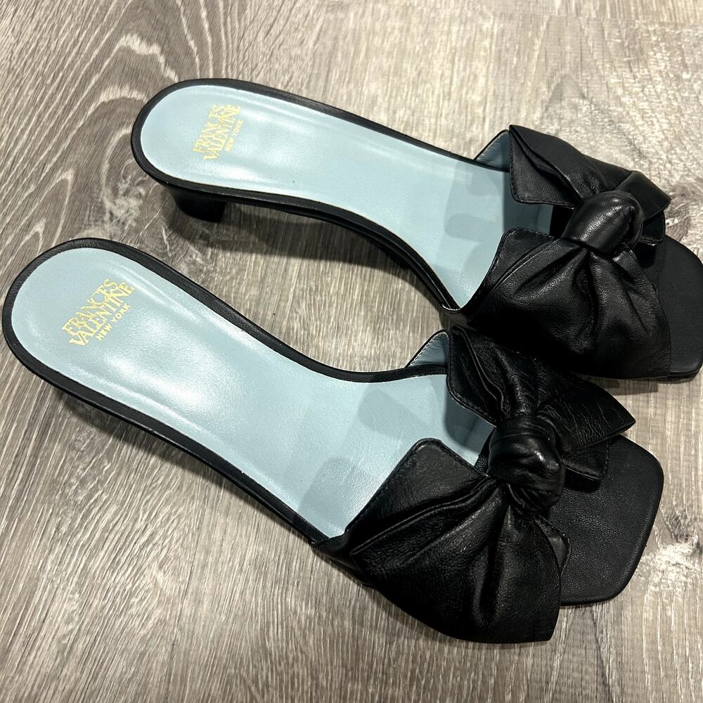 Frances Valentine Black Sandy Leather Bow Slide Sandals Size 6